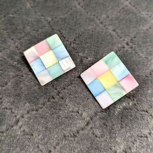 Vintage 80's Mosaic Pastel Mother of Pearl Square Pierced Earrings